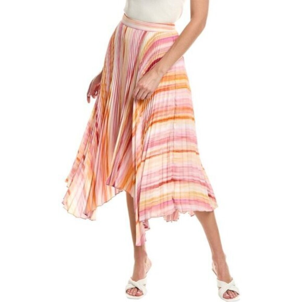 BCBG MAX AZRIA Pleated Skirt Midi in Watercolor Multi Print Sz M NEW $258